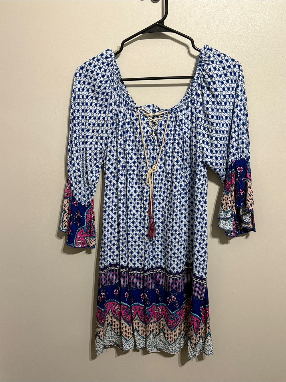 Umgee Boho Blue Floral-Print Lace-Up Mini Dress with Pink Border